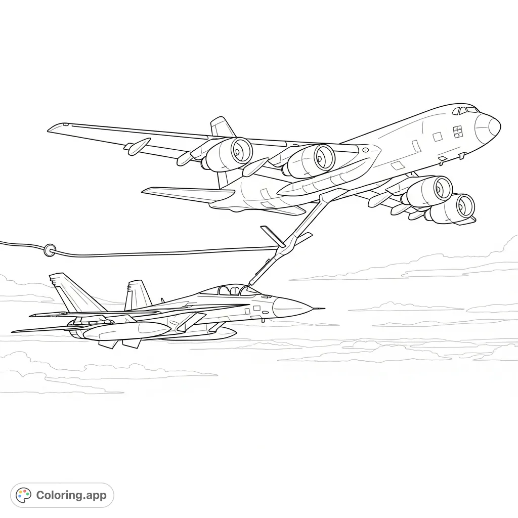 An exciting coloring page featuring a sleek fighter jet refueling mid-air from a large tanker aircraft against an open sky with distant clouds.