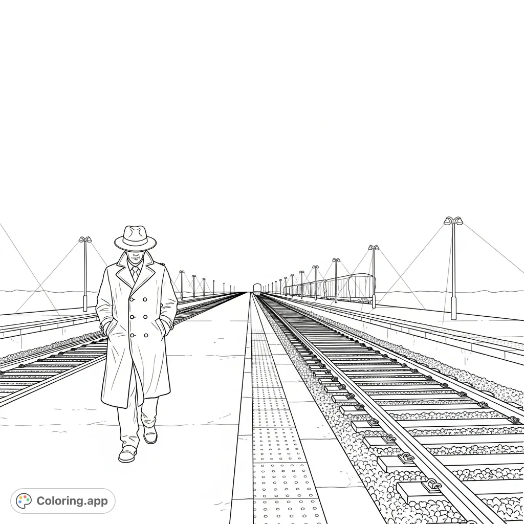 Capture the intrigue of a lone figure in a trench coat on a deserted railway platform, with distant train tracks and station lights hinting at a mysterious journey.