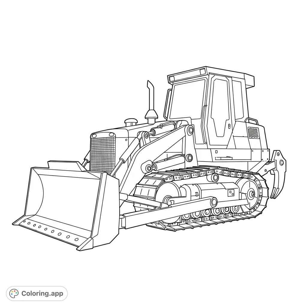 A detailed bulldozer coloring page, perfect for construction vehicle enthusiasts. Features a large blade, intricate tracks, and a sturdy cabin.