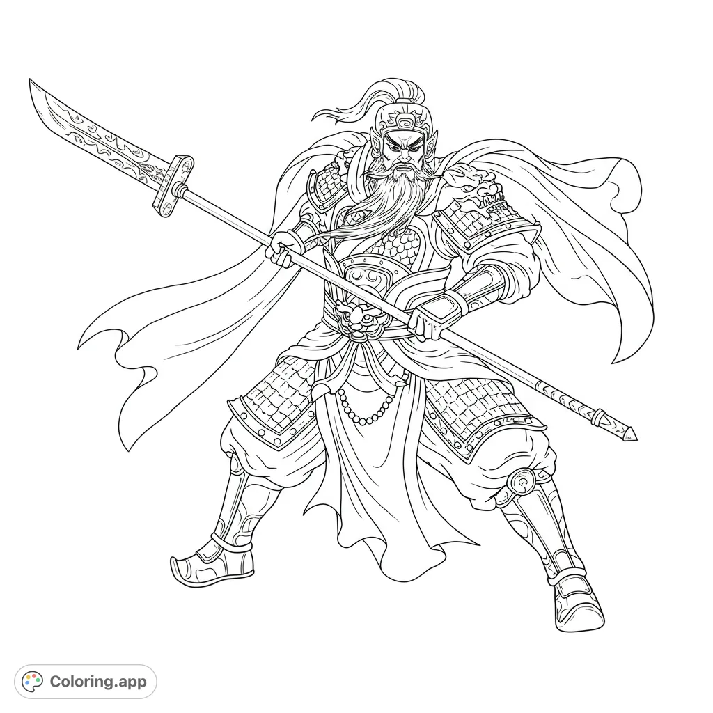 Color a mighty ancient Chinese general in detailed armor, wielding a powerful guandao. A dynamic pose for an epic historical adventure.