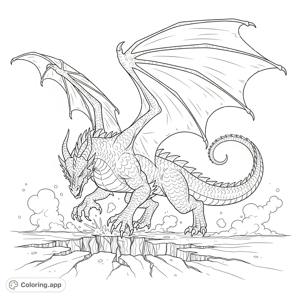 Witness a powerful dragon landing on cracked earth, its wings in mid-motion and dust clouds rising. An epic fantasy scene ready for your creative touch.