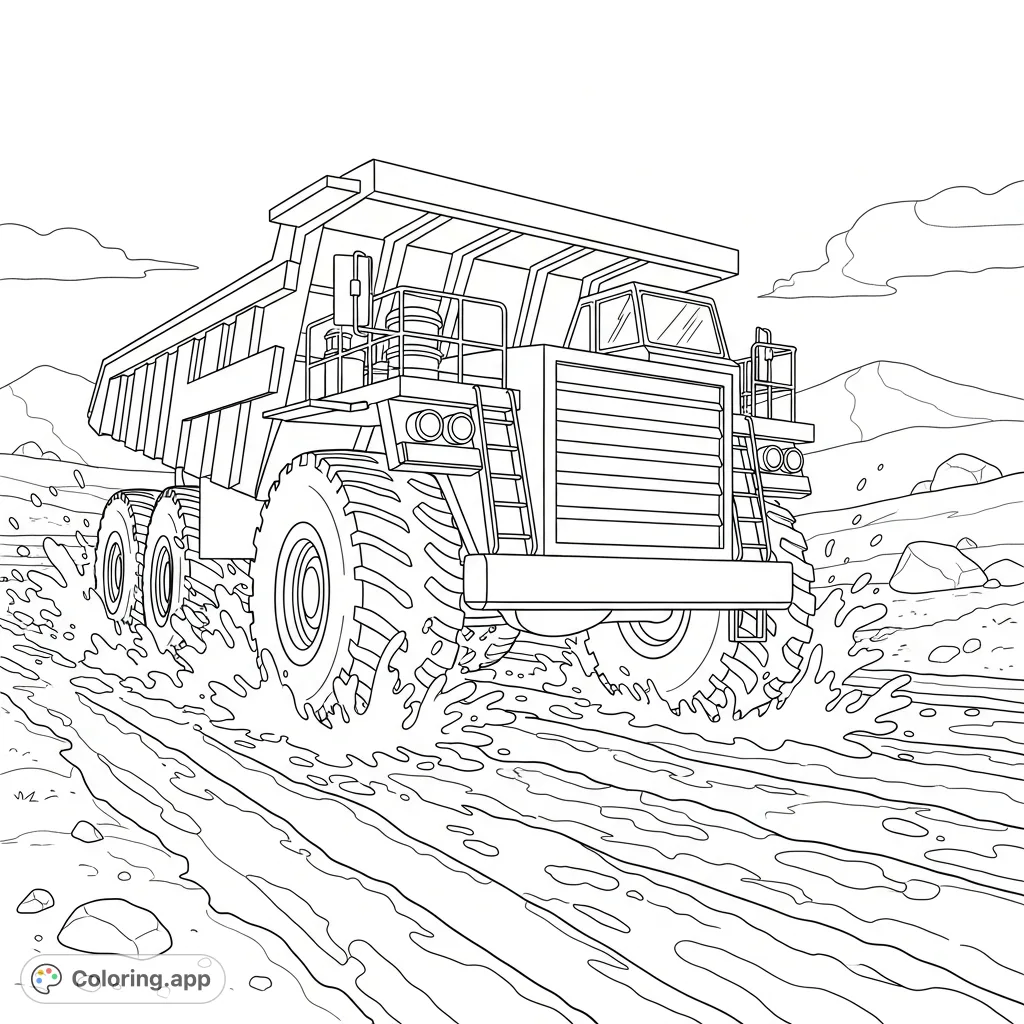 A robust dump truck navigates through challenging muddy terrain, kicking up simplified splashes. This page offers an engaging scene for creative coloring fun.