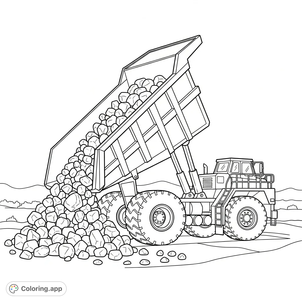 A sturdy dump truck tips its large bed, releasing a cascade of varied rocks onto a growing pile. A detailed scene for construction enthusiasts.