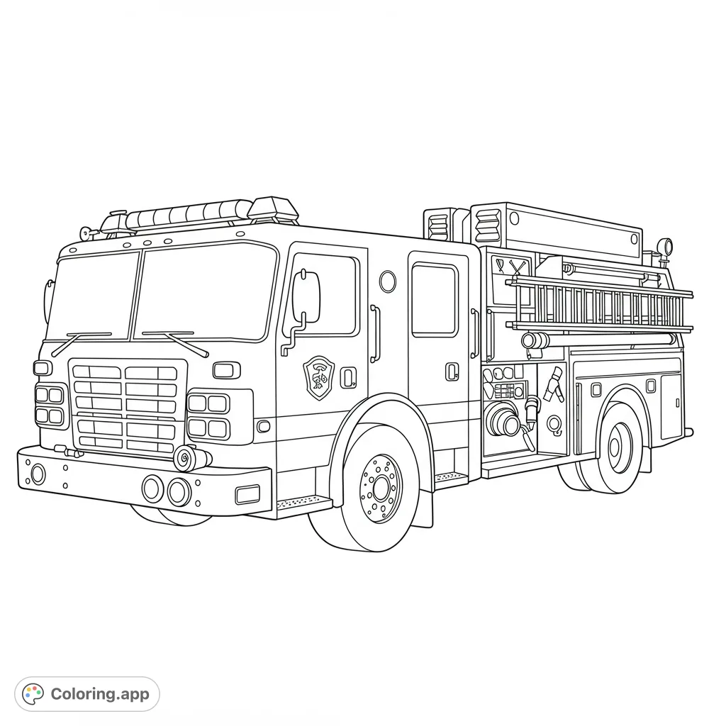 A detailed fire truck coloring page, perfect for aspiring firefighters. Features a large ladder, hose reels, and emergency lights. Free printable coloring page for kids.