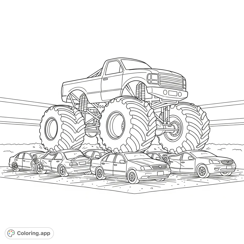Unleash your creativity with this monster truck coloring page! Featuring a powerful truck with oversized tires crushing a row of cars.