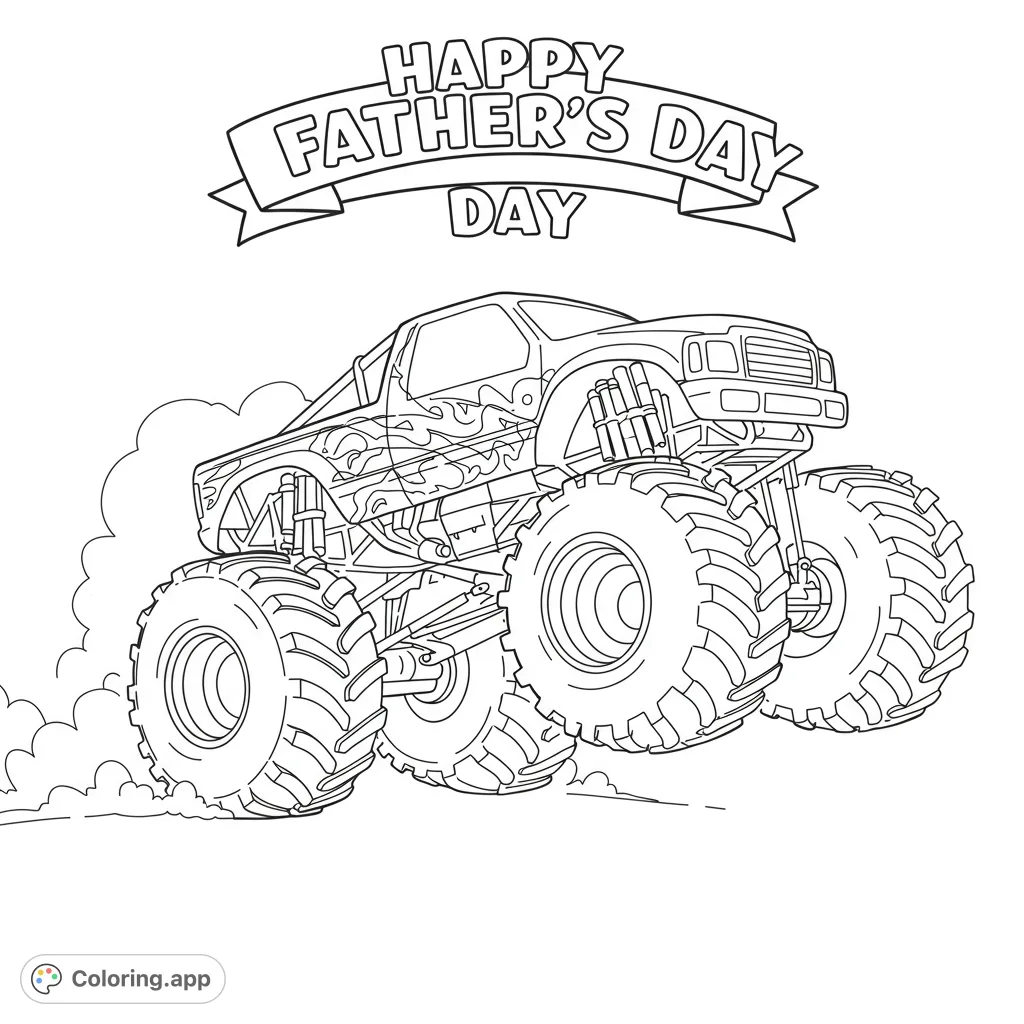 Unleash power with this dynamic monster truck coloring page, featuring a roaring truck with huge tires and flame decals, perfect for Father's Day fun.