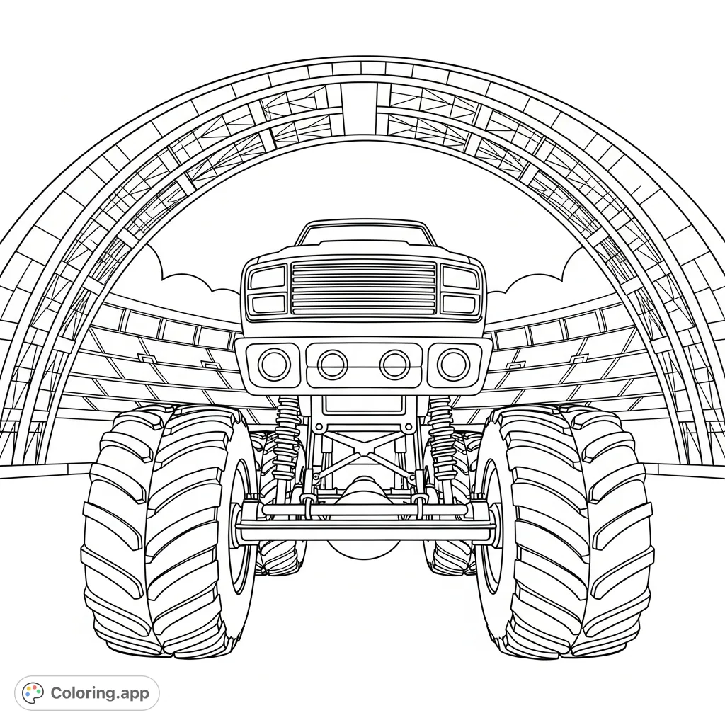 Color a powerful monster truck with massive tires, parked beneath a grand stadium archway. Features a simplified grill and headlights, ready for action.