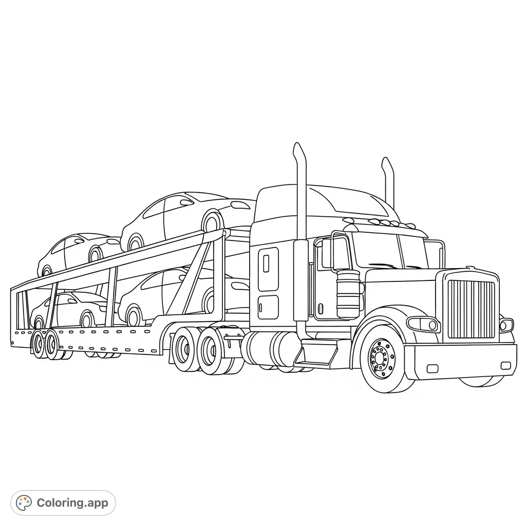 A powerful semi truck with a multi-level car hauler trailer, transporting four simplified car silhouettes. A dynamic scene of highway transport.