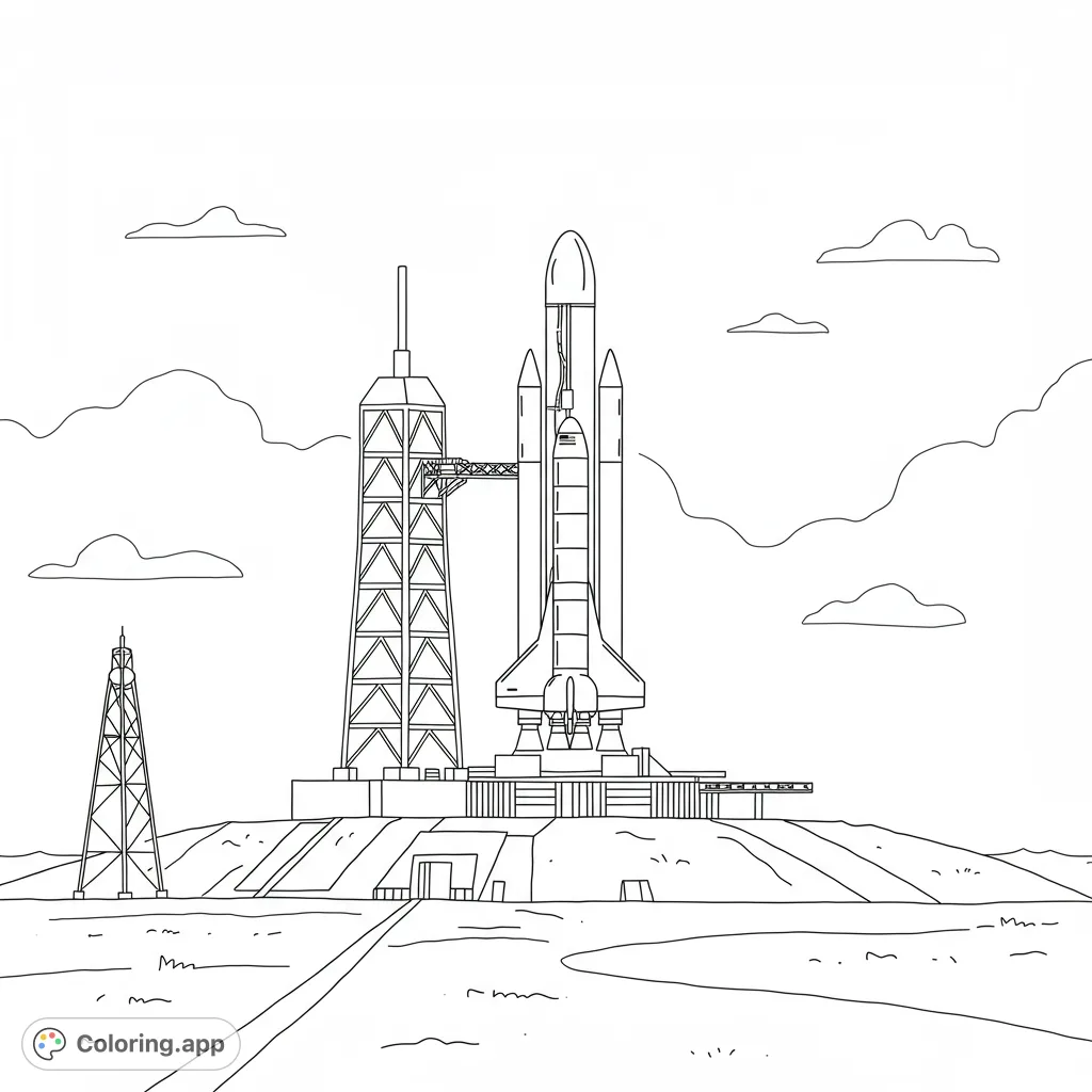 A powerful space shuttle stands on its launchpad, flanked by a towering gantry, ready for an epic journey. Perfect for aspiring astronauts and space enthusiasts.