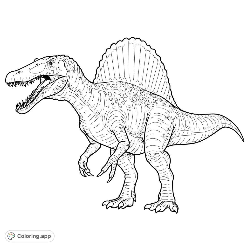 Unleash your creativity with this detailed Spinosaurus dinosaur coloring page. Features a majestic prehistoric creature with its iconic sail and textured skin.