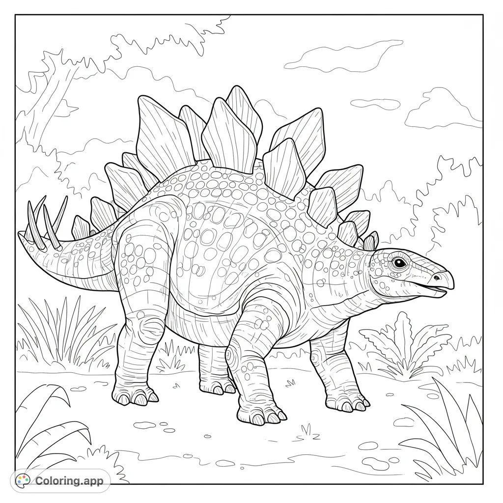 A detailed Stegosaurus coloring page, featuring its iconic plates and tail spikes in a lush prehistoric jungle. Perfect for dinosaur enthusiasts!