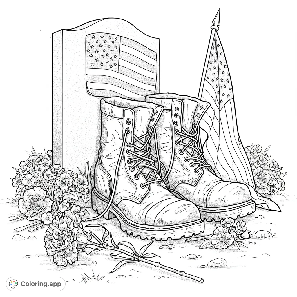 A solemn military tribute coloring page featuring detailed combat boots, American flags, and memorial flowers. A free printable patriotic design.
