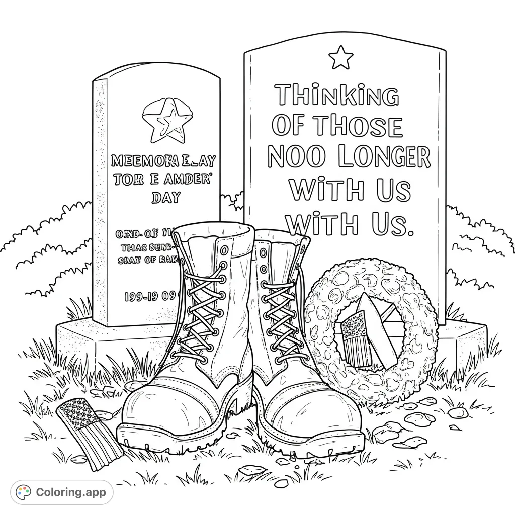 A poignant memorial scene featuring military boots, gravestones, and a wreath, perfect for a reflective coloring experience.