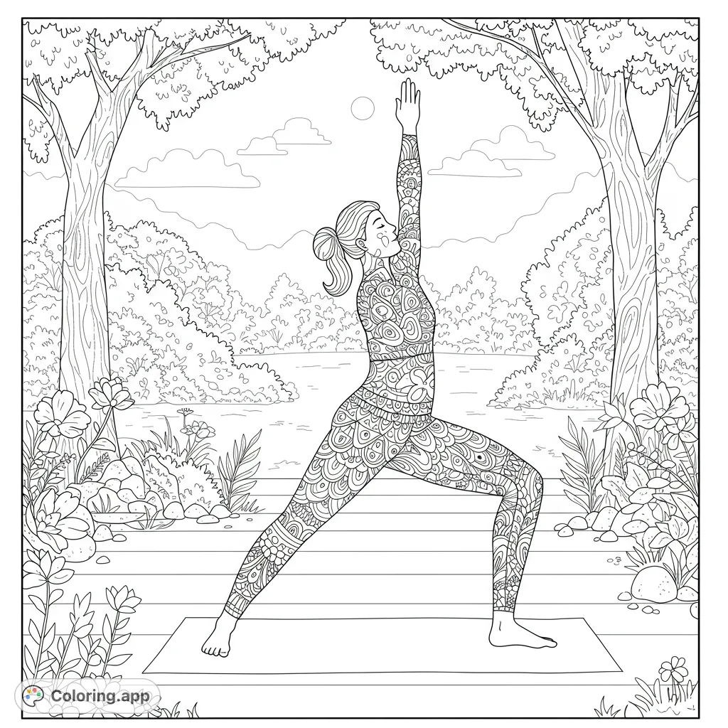 A serene yoga practitioner in a patterned outfit performs a mindful pose amidst a tranquil natural landscape, perfect for a calming coloring experience.