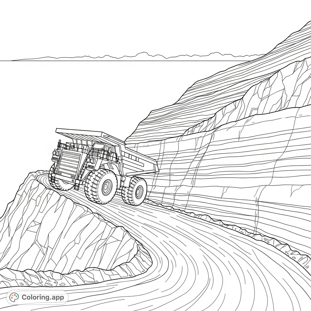 A heavy hauler truck navigates a steep switchback road on a rugged mine wall, depicting an industrial scene with minimal horizon.