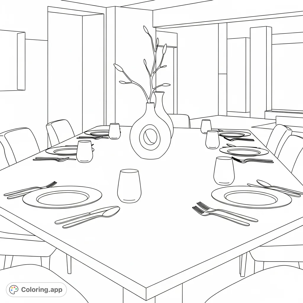 A sophisticated minimalist dining table coloring page featuring sleek design, precise place settings, and a sculptural centerpiece in a contemporary interior.