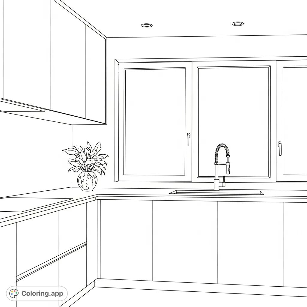 Explore a pristine minimalist kitchen coloring page, featuring flat-panel cabinets, a sleek gooseneck faucet, and a decorative plant, perfect for design enthusiasts.