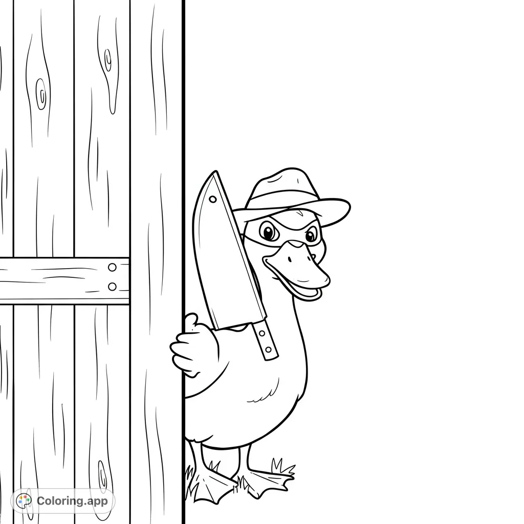 A mischievous duck in a fedora and mask peeks from behind a wooden fence, holding a large knife. A quirky and fun free printable coloring page.