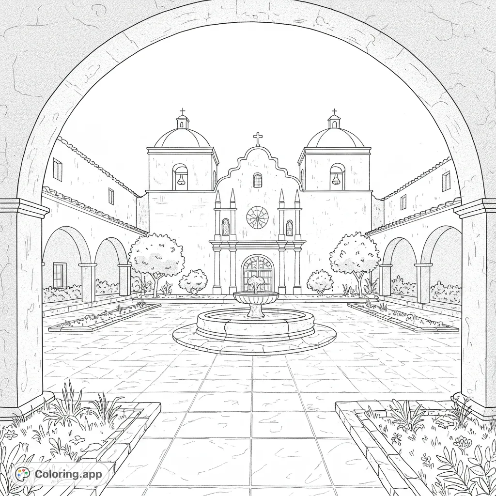 Explore a beautiful mission courtyard with a central fountain, grand architecture, and lush gardens. A free printable historic mission coloring page for all ages.