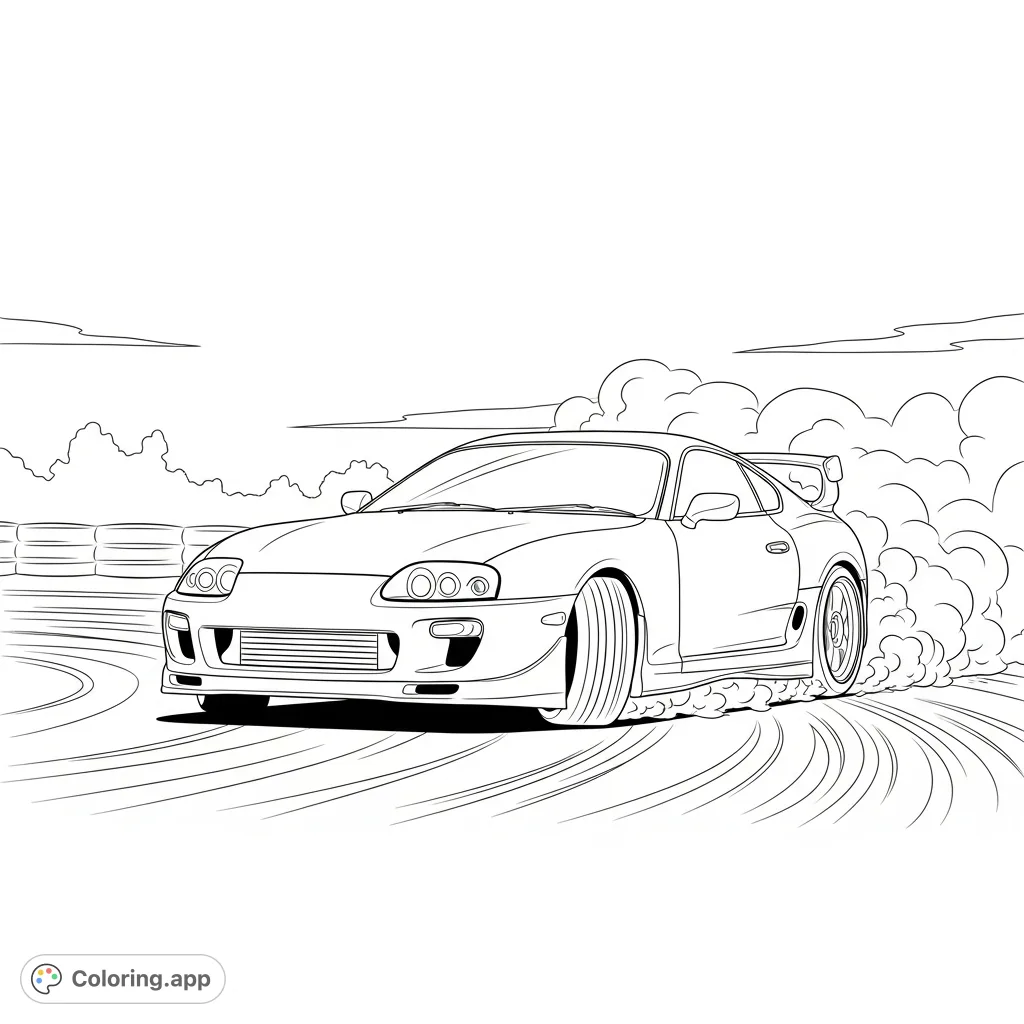 Capture the thrill of a drifting MK4-inspired Supra with countersteered wheels and dynamic dust clouds. Perfect for car enthusiasts!