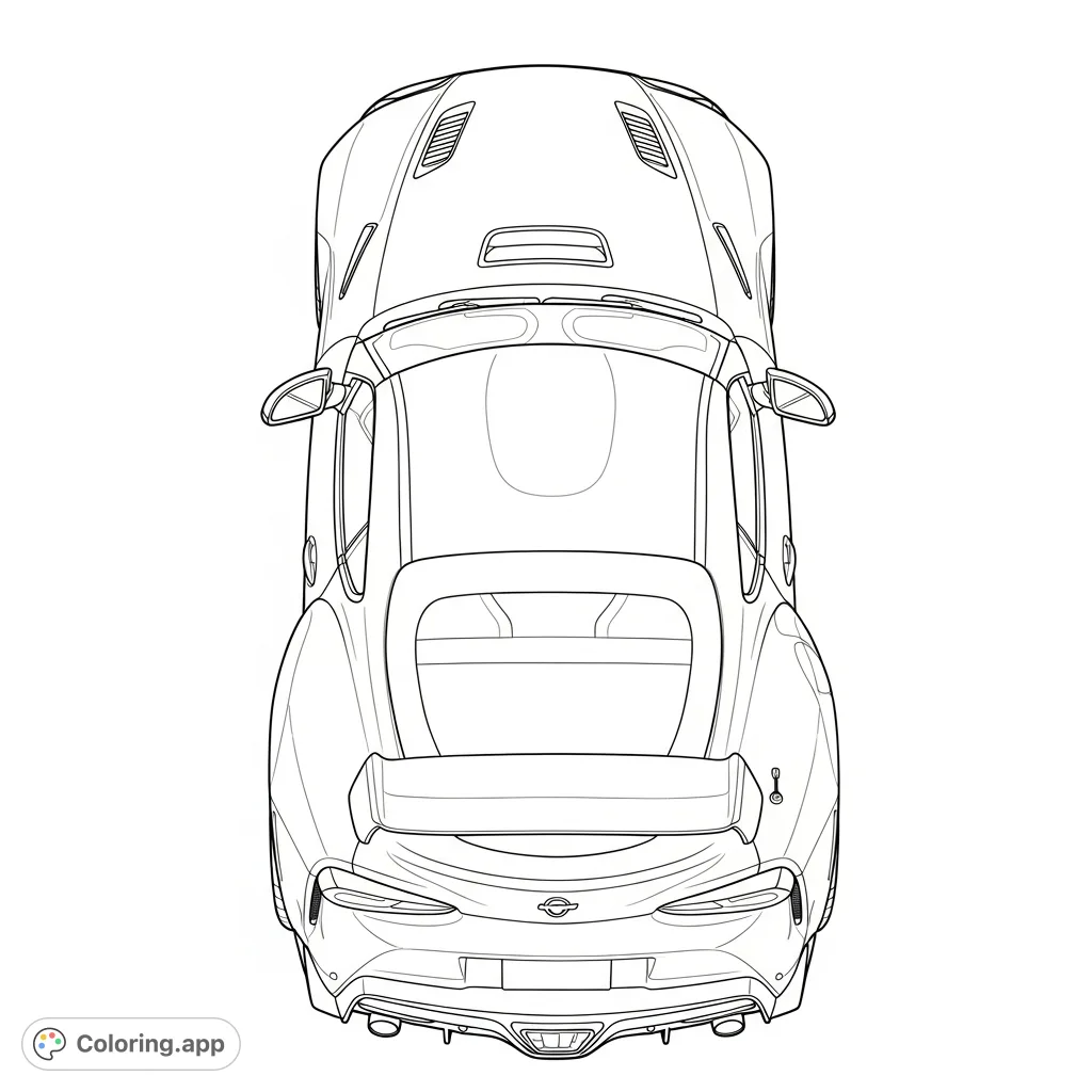 A detailed coloring page of an MK5-style Supra from a top-down perspective, emphasizing its iconic body curves and aerodynamic design.