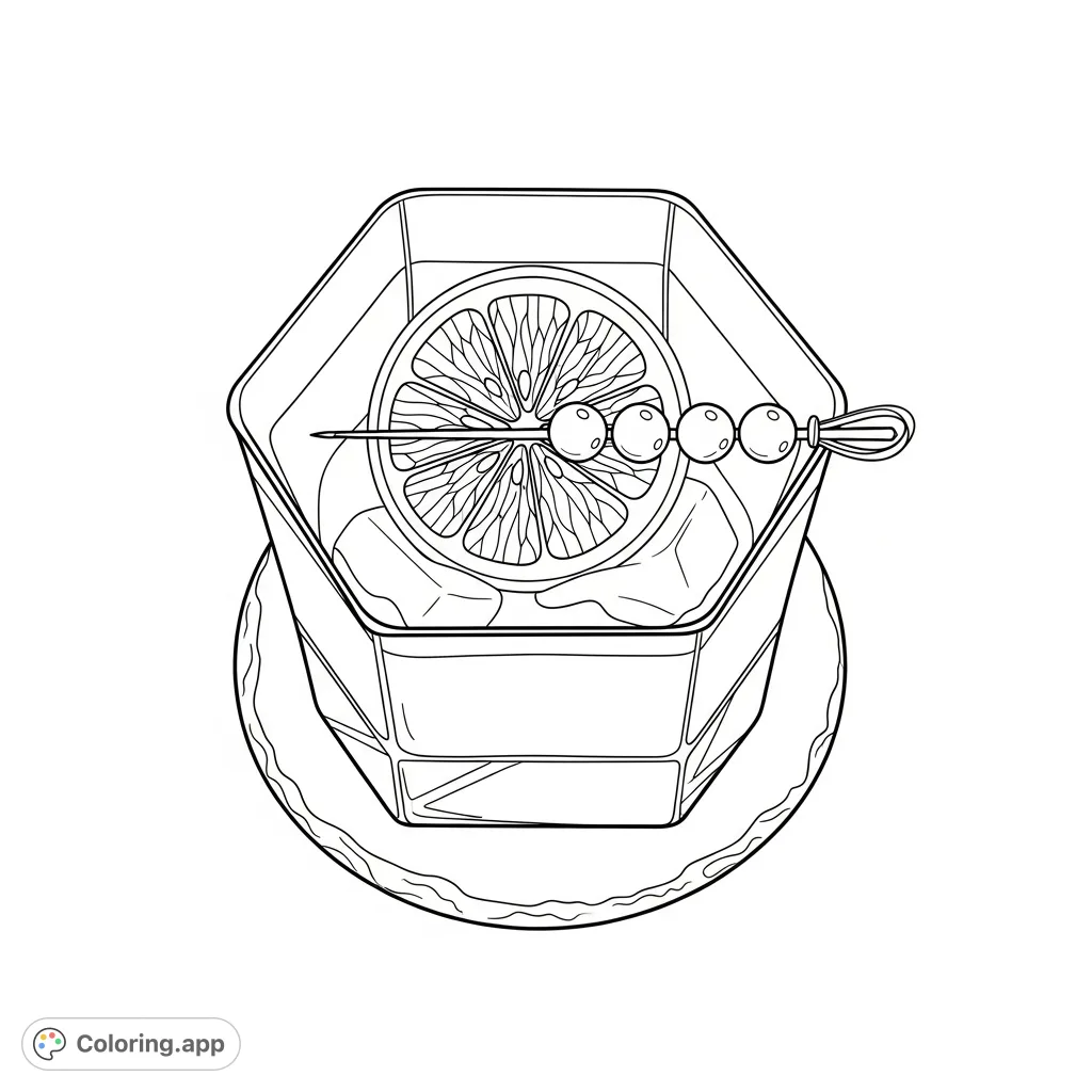 A sophisticated coloring page featuring a top-down view of an angular cocktail glass with a citrus wheel and pearls on a minimalist slate coaster. Perfect for adults.