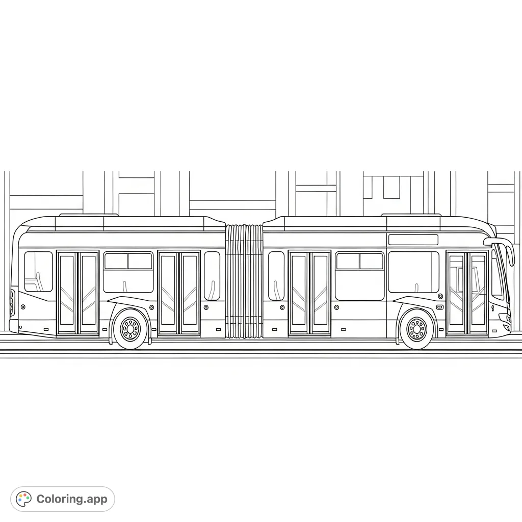 Color a modern streetcar-style articulated bus in profile, featuring sleek lines, large windows, and urban details. A dynamic city scene awaits your creative touch.