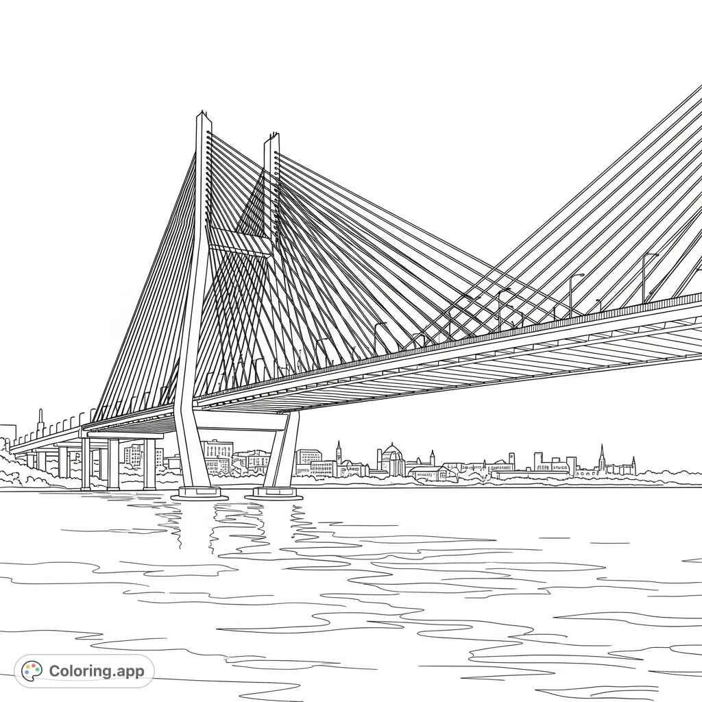 A captivating modern cable-stayed bridge spans a wide river, showcasing bold geometric lines, towering pylons, and intricate cable patterns against a distant city backdrop.