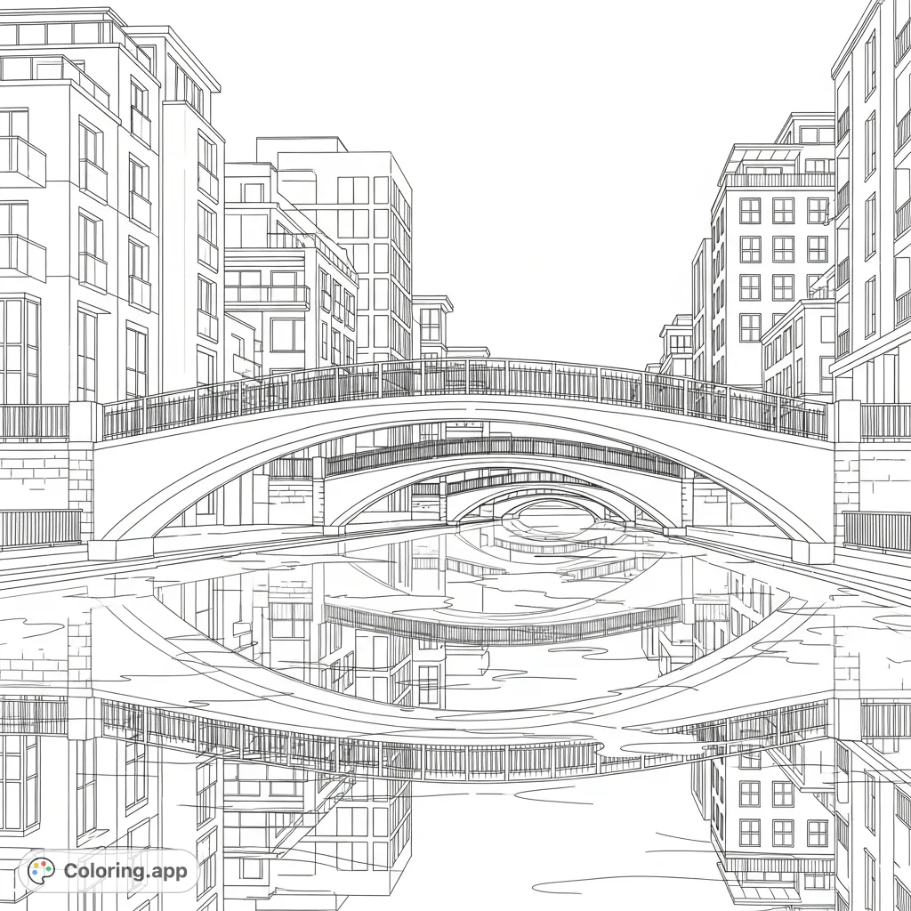 A detailed coloring page depicting a serene canal scene with arched pedestrian bridges, modern buildings, and reflections on the calm water.