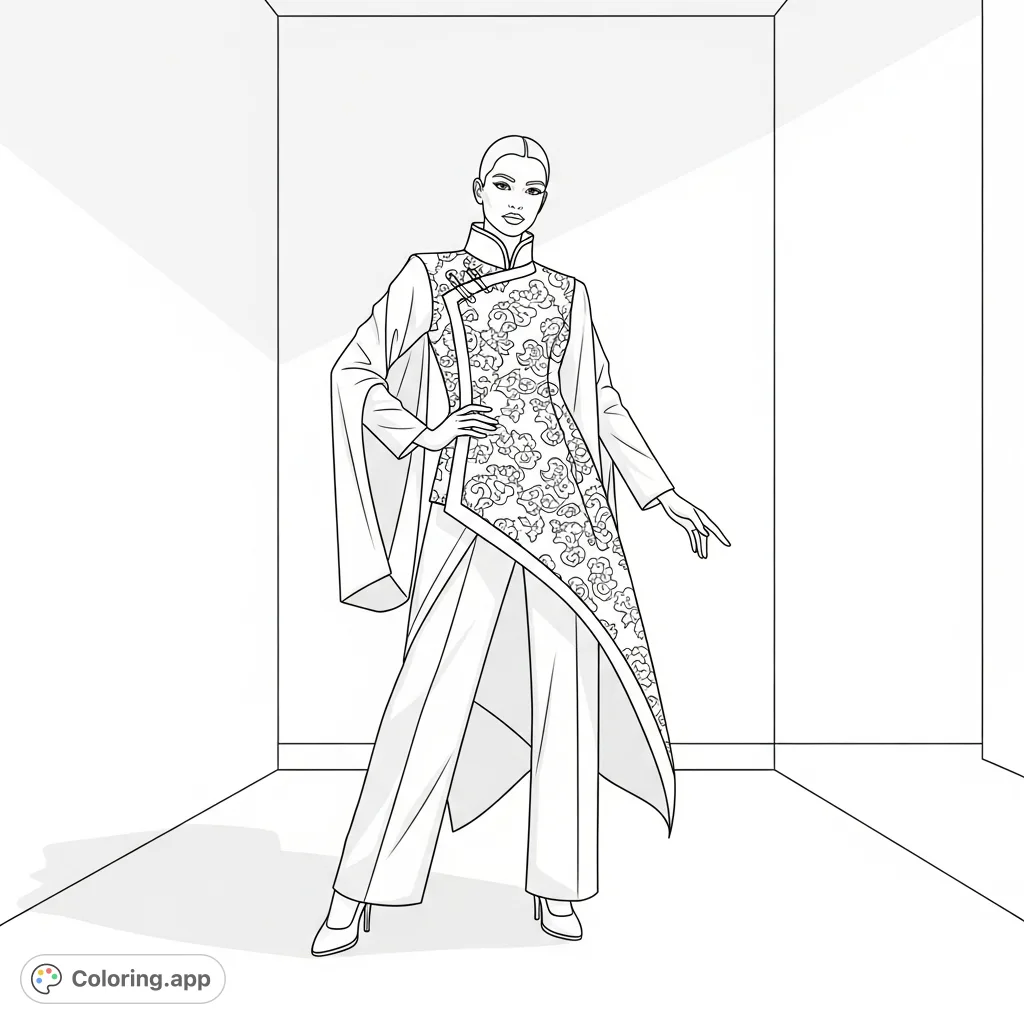 A fashion model in a modern outfit blending traditional Chinese elements like a mandarin collar and brocade with a sleek, asymmetrical cut in a minimalist studio.