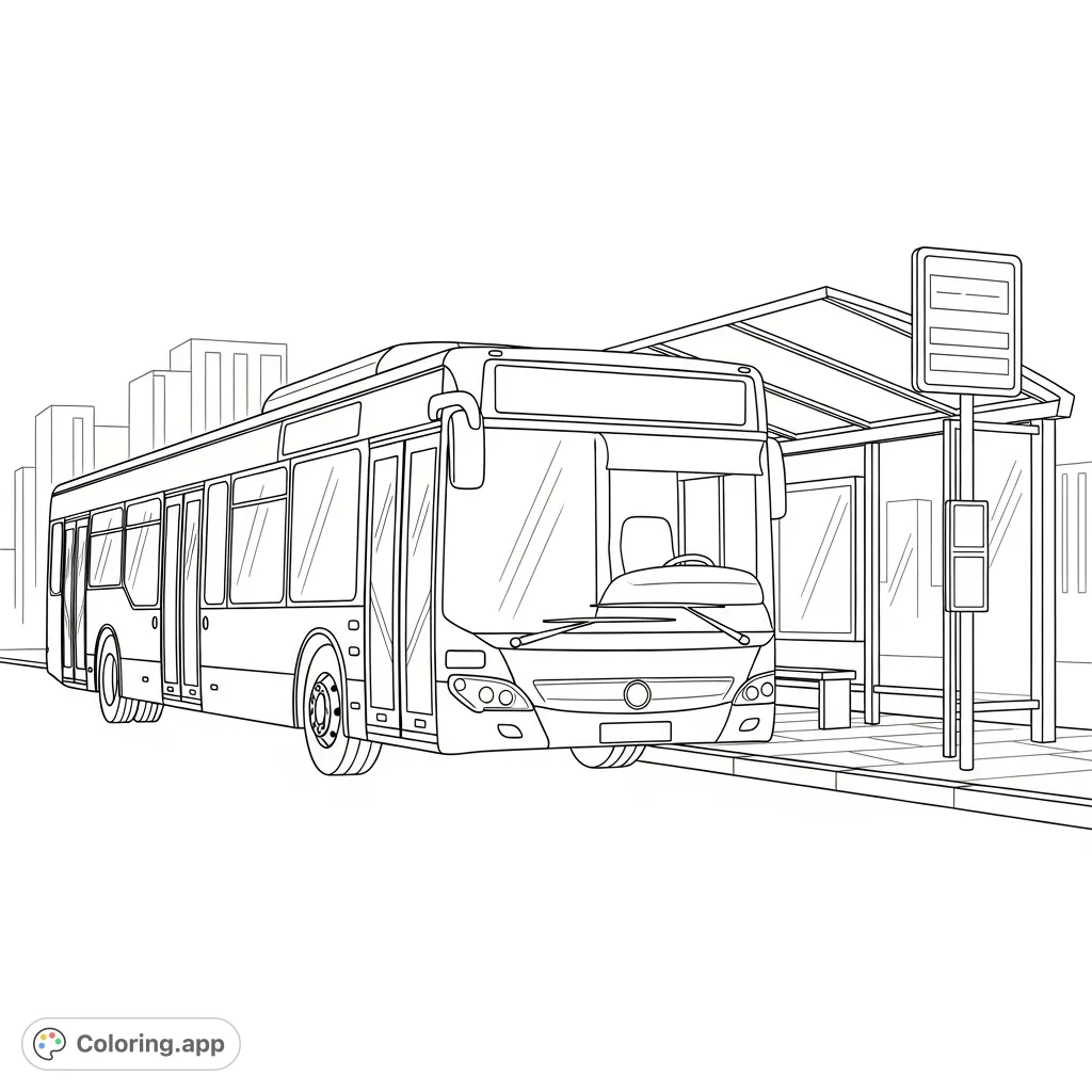 Color a modern city bus with large windows and a streamlined front, parked at a simple bus stop with signage and an urban background.