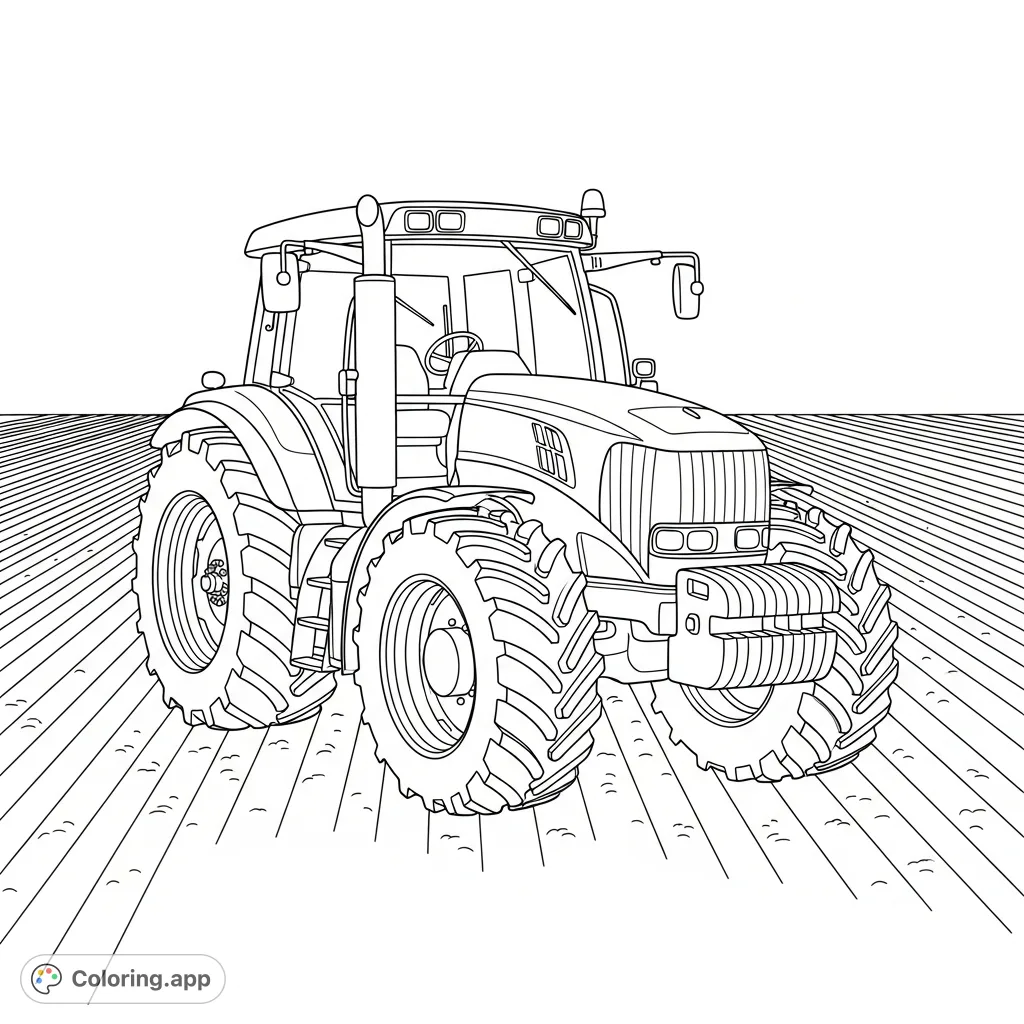 A detailed coloring page featuring a modern farm tractor with large tires and an enclosed cab, parked in a plowed field with simplified furrow lines.