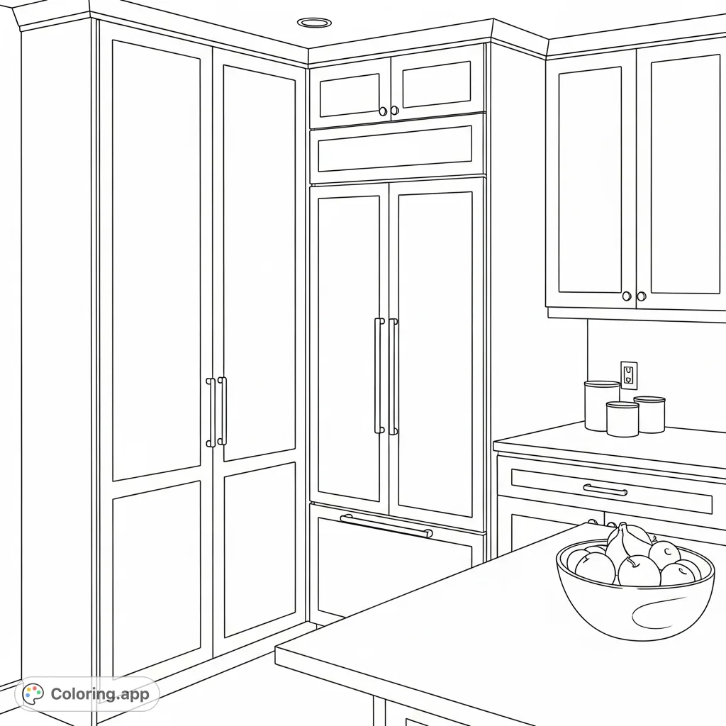 Explore a sleek, newly renovated kitchen featuring a built-in pantry, integrated refrigerator, and minimalist fruit bowl on an L-shaped counter. A sophisticated design.