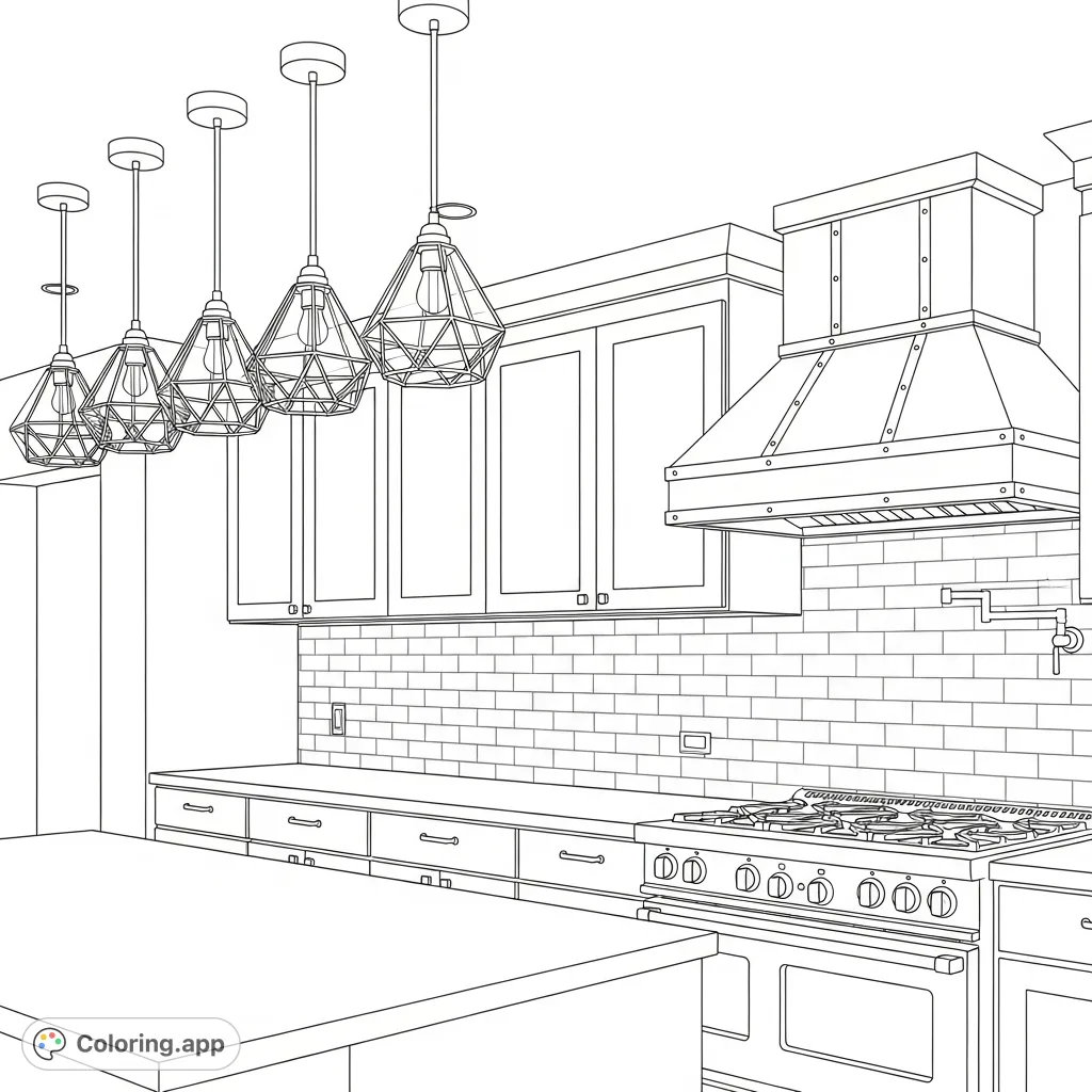 Explore a detailed modern kitchen coloring page featuring geometric pendant lights, a subway tile backsplash, and professional-grade appliances.