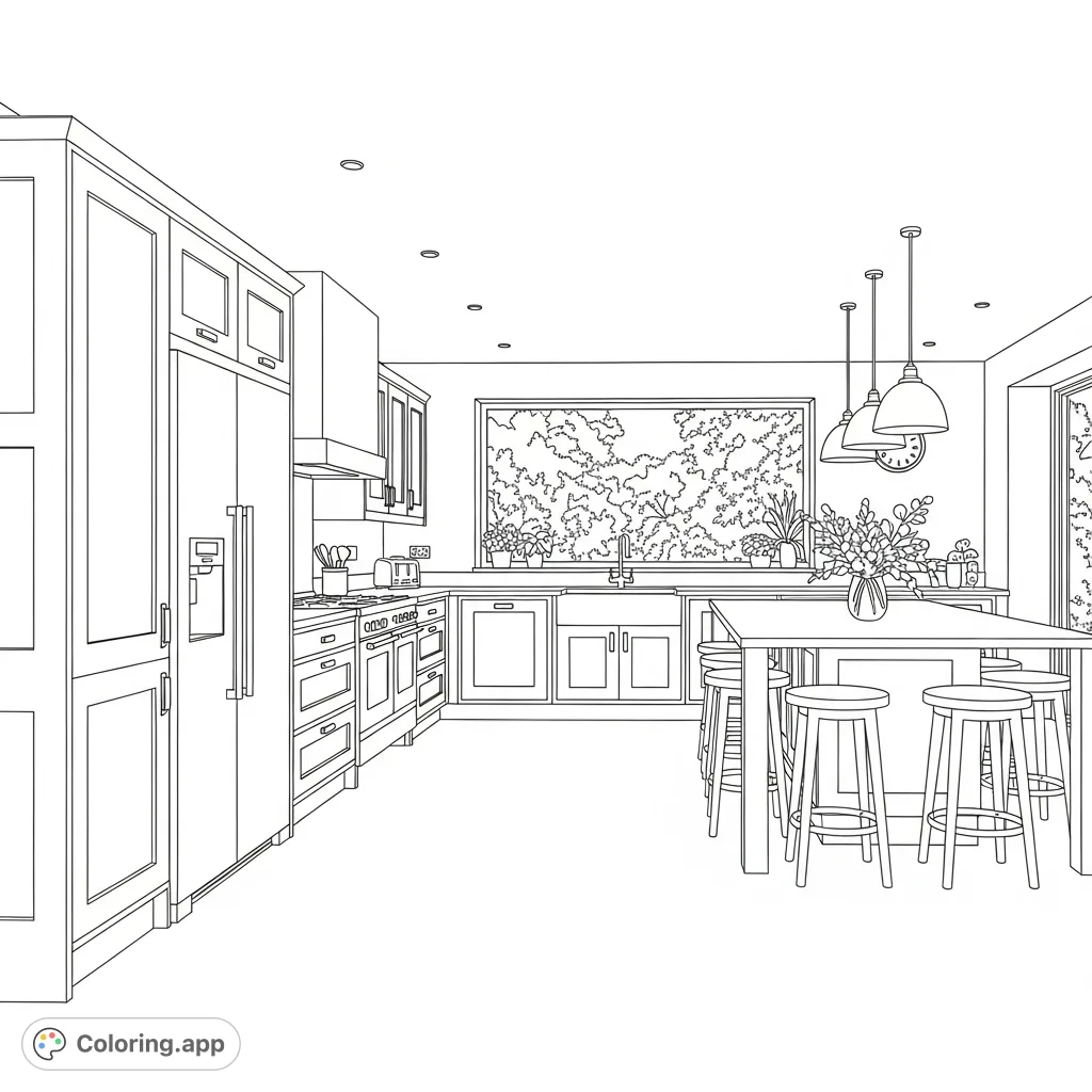 Explore a detailed modern kitchen coloring page featuring sleek cabinets, a large island, and a garden view. Perfect for home design enthusiasts.