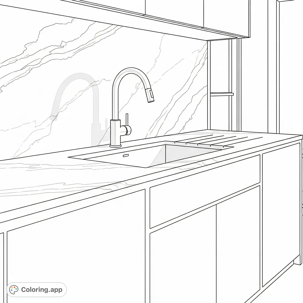 Explore a sophisticated modern kitchen coloring page featuring a veined stone countertop, sleek cabinets, and an elegant brushed metal faucet.
