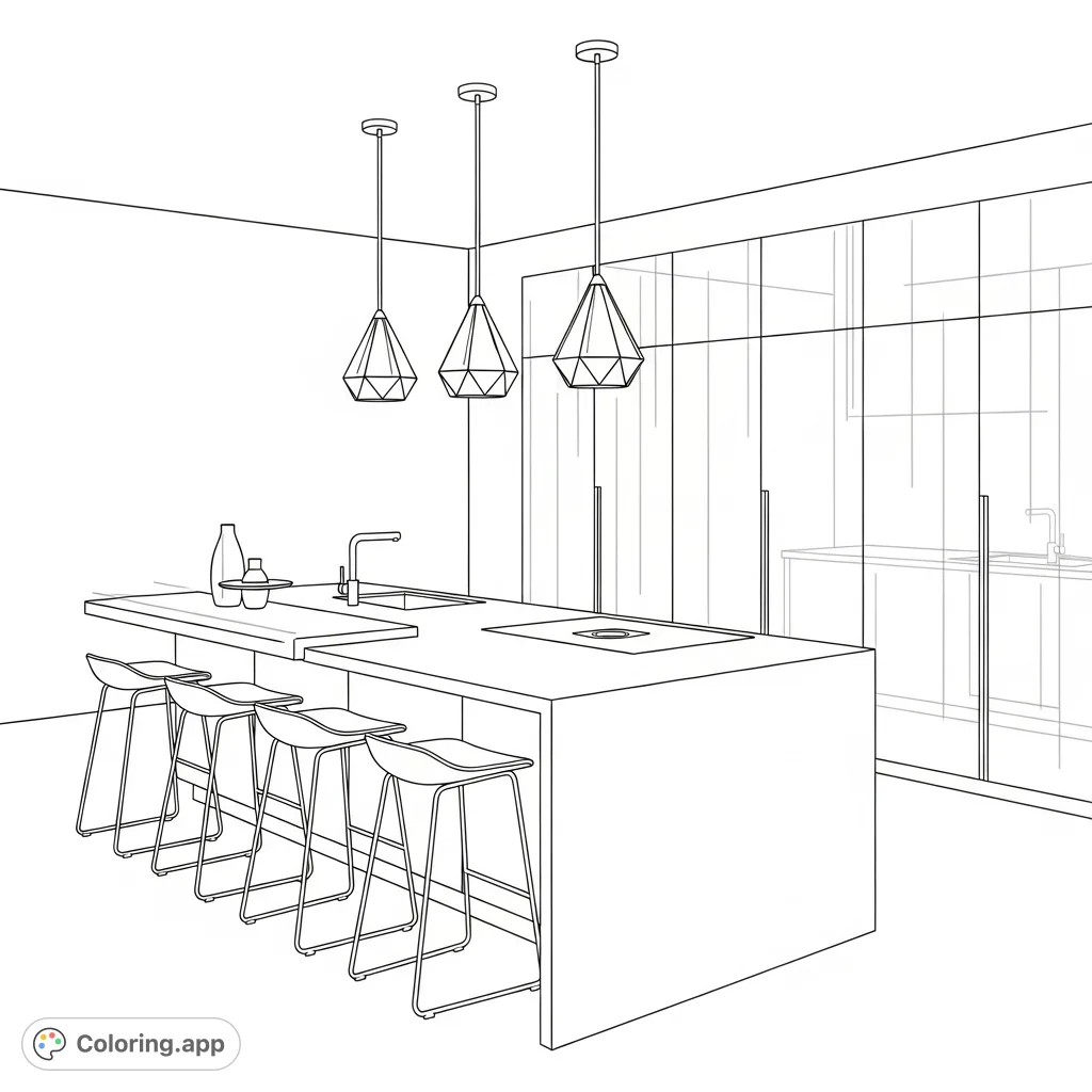 Explore a sleek, modern kitchen island coloring page featuring a waterfall edge, induction cooktop, minimalist pendant lights, and handleless cabinets.