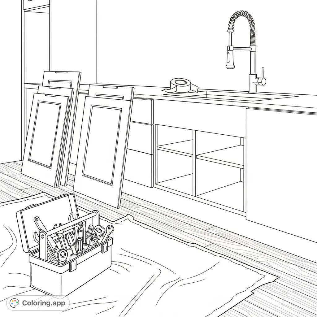 Explore a detailed modern kitchen renovation coloring page, featuring an open toolbox, uninstalled cabinet doors, and a sleek faucet awaiting final touches.