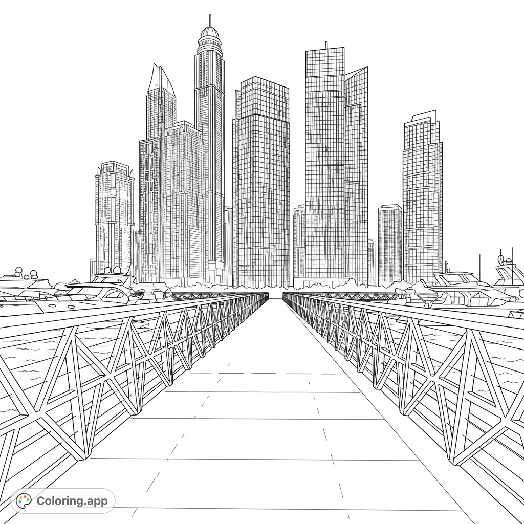A modern marina scene with a geometric railing stretching along a walkway, backed by towering glass skyscrapers. An urban landscape for detailed coloring.