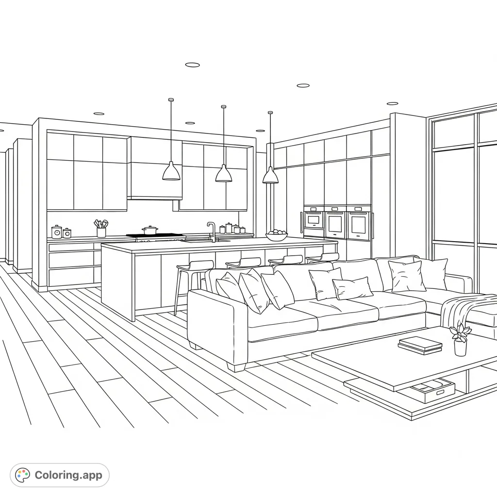 Explore a sophisticated modern open-concept living space, featuring a sleek kitchen with a large island flowing into a comfortable living area. Perfect for interior design enthusiasts.