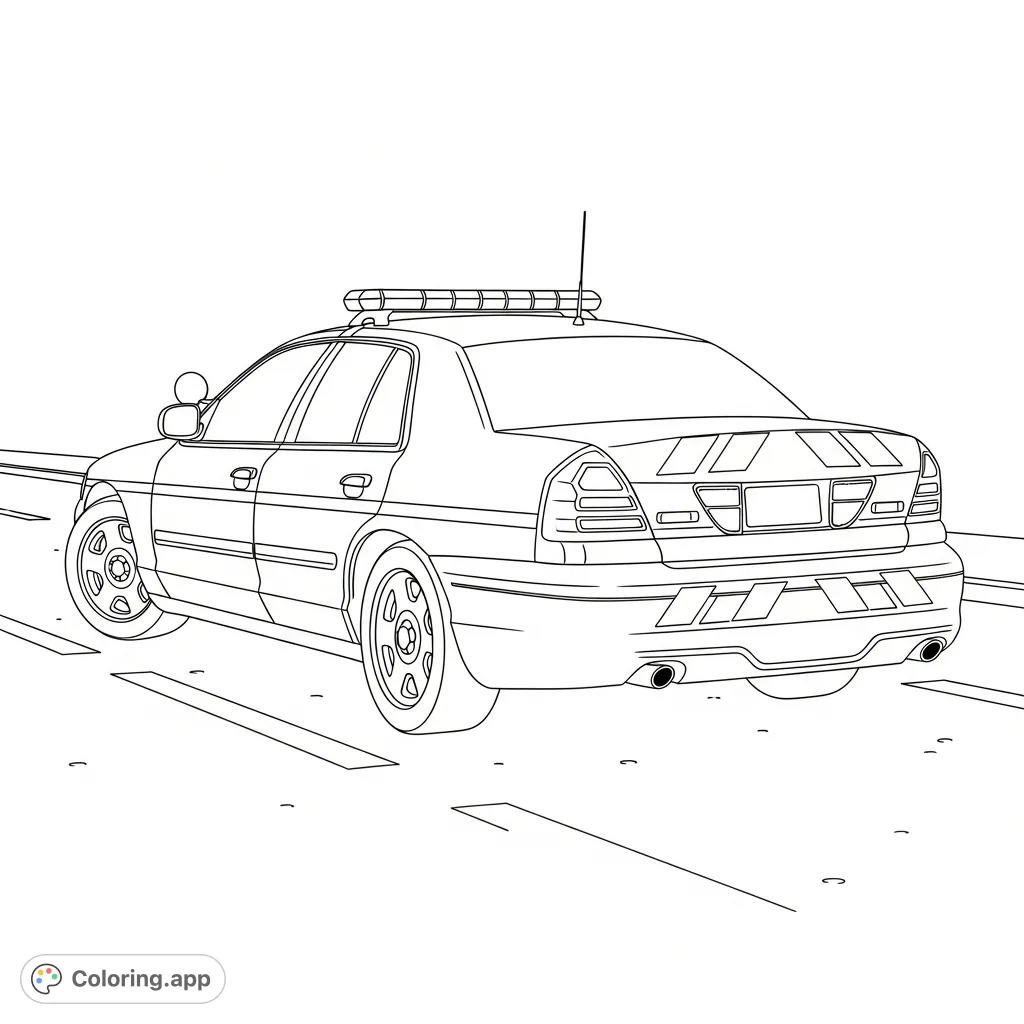 A detailed coloring page featuring a modern police car in a rear three-quarter view, with bold taillights and a roof light bar, set against minimal road lines.