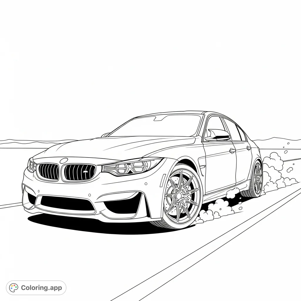 A detailed coloring page featuring a modern M3-style sedan in a powerful launch stance, with dynamic minimal smoke plumes and an open road backdrop.