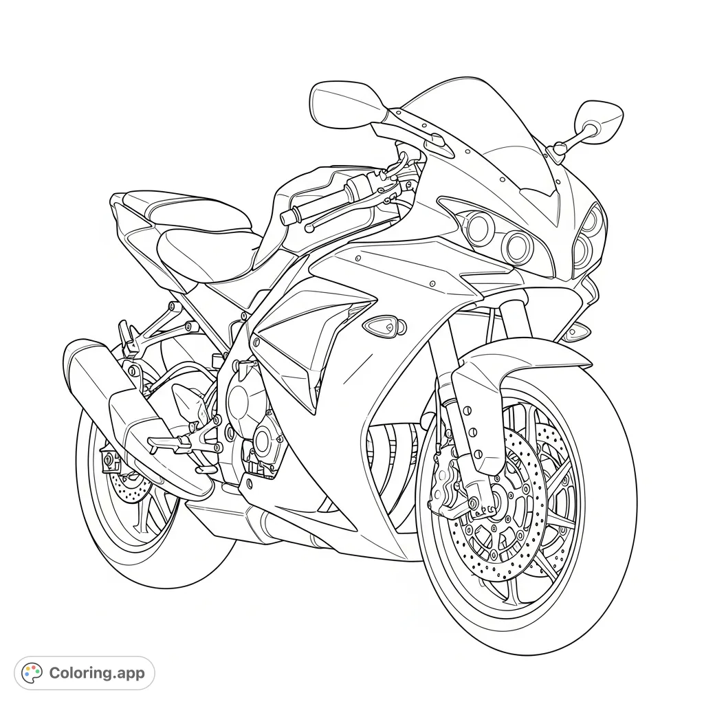 Color a dynamic, modern sport motorcycle in detailed technical line art, featuring a full fairing and sharp angles in a front three-quarter view.