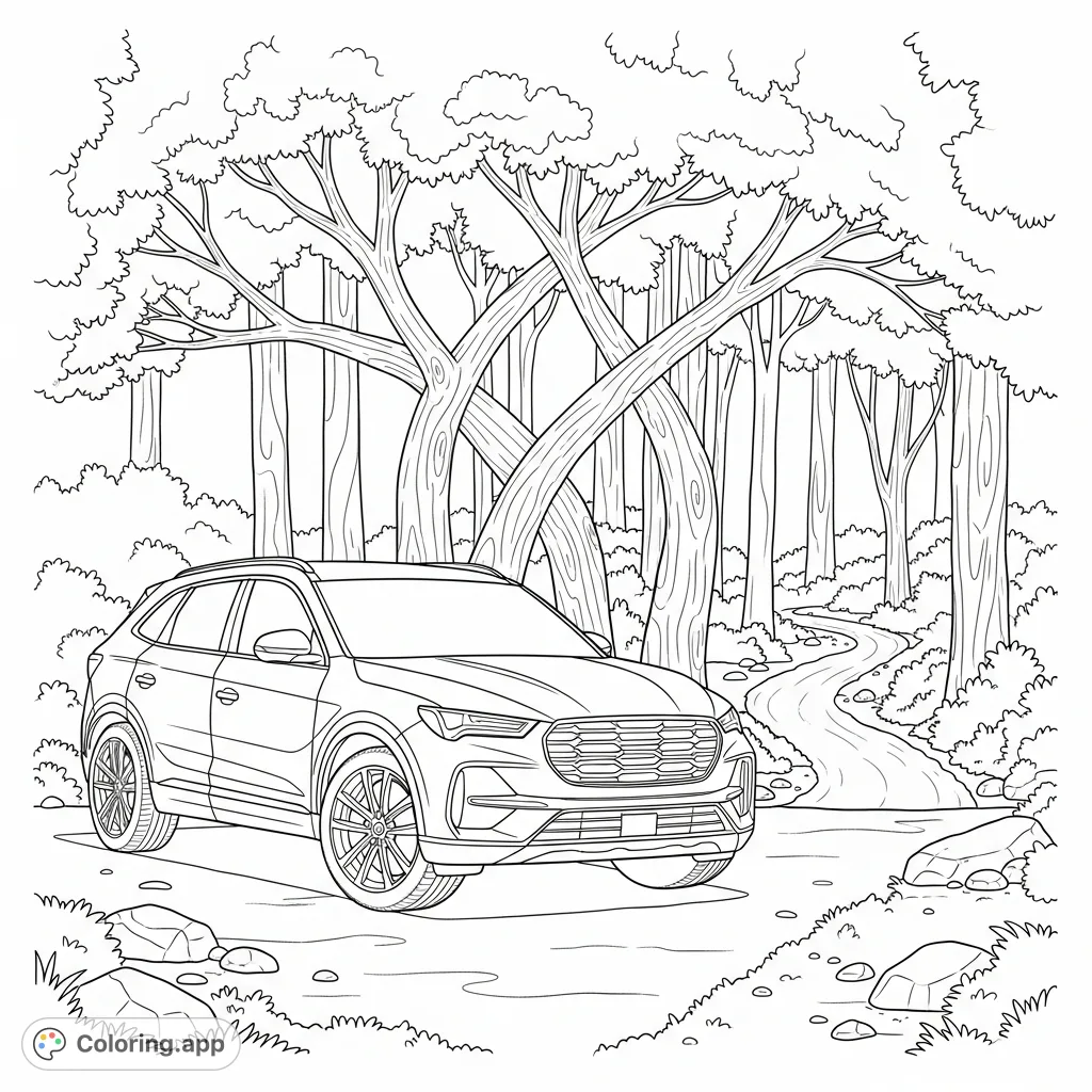 Color a sleek, modern SUV parked at a serene forest trailhead, blending urban design with nature's tranquility. Perfect for car and nature lovers.