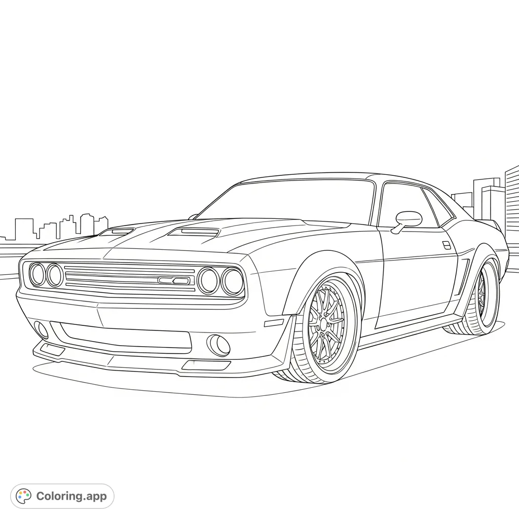 A powerful modernized restomod muscle car with sleek lines, updated LED-inspired lights, and large wheels, set against a subtle city backdrop, awaits your creative touch.