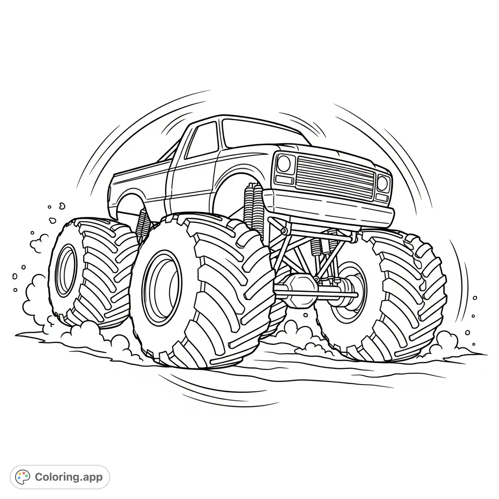 A powerful monster truck performs a dynamic donut, kicking up dirt with sweeping motion lines. Oversized tires and detailed suspension add to the action.