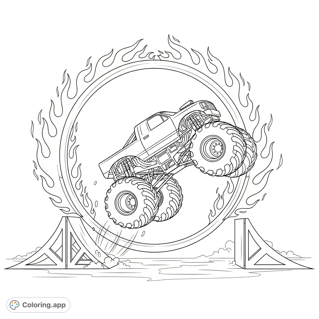 Experience the thrill! A colossal monster truck defies gravity, leaping through a flaming hoop, framed by launch and landing ramps. Action-packed fun awaits!