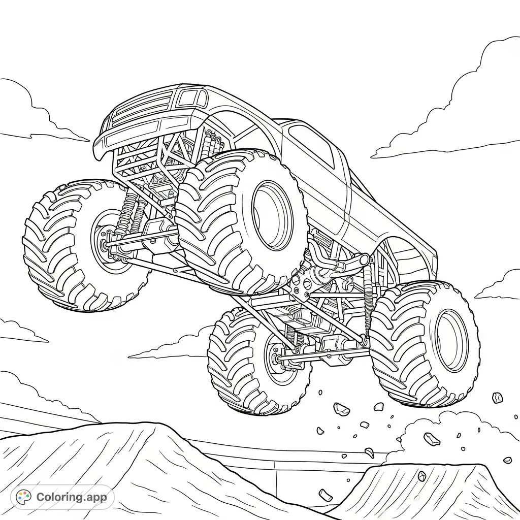 An action-packed coloring page featuring a monster truck soaring mid-air, showcasing its powerful frame, detailed underside, and massive tires during a high jump.