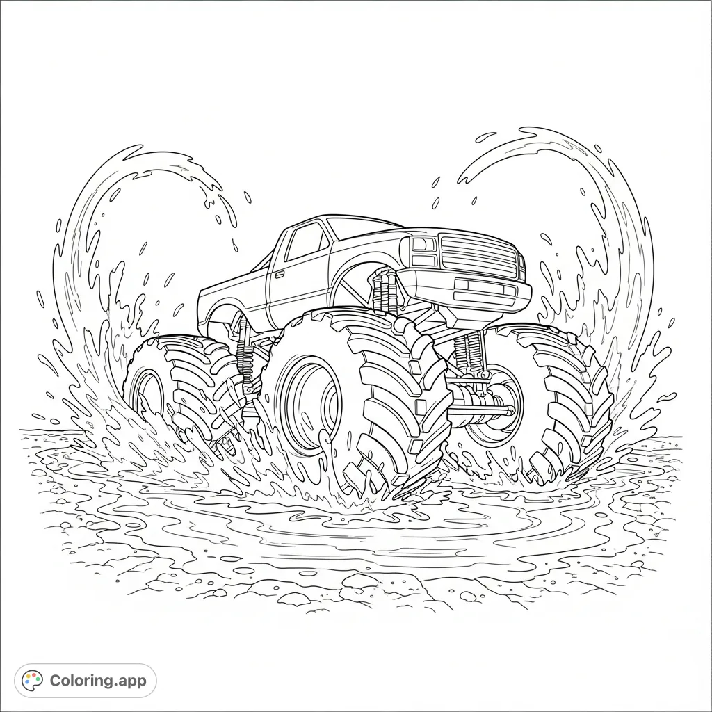 Experience the thrill of off-road action with this monster truck coloring page, featuring huge tires splashing through a dynamic muddy puddle.