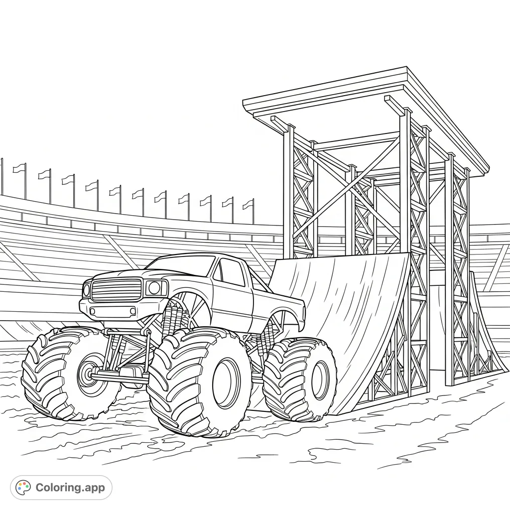 A thrilling monster truck coloring page featuring a powerful vehicle parked next to a huge jump ramp, set against a stadium backdrop. Get ready for action!